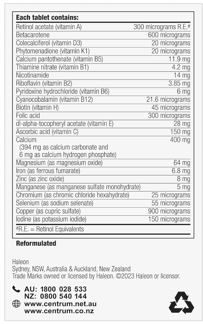 Centrum Women, Multi Vitamin & Minerals Supplement, 60 Tablets