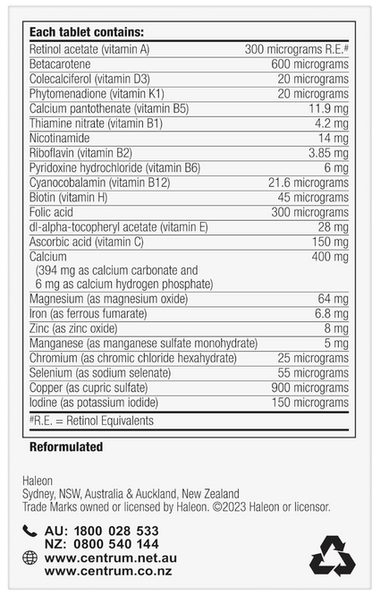 Centrum Women, Multi Vitamin & Minerals Supplement, 60 Tablets